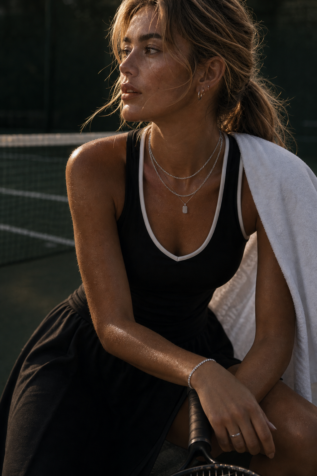 Model wearing Suri Sport bracelets and necklaces